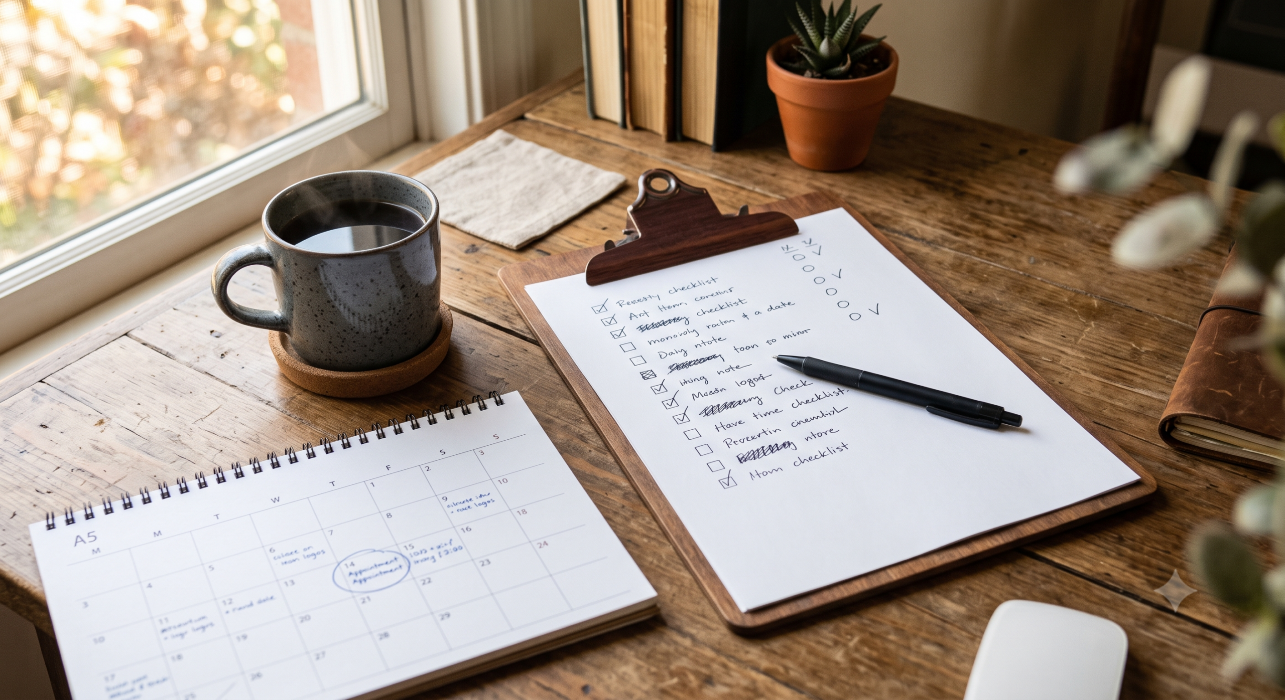 Checklist and clipboard on a home office desk preparing for an appointment