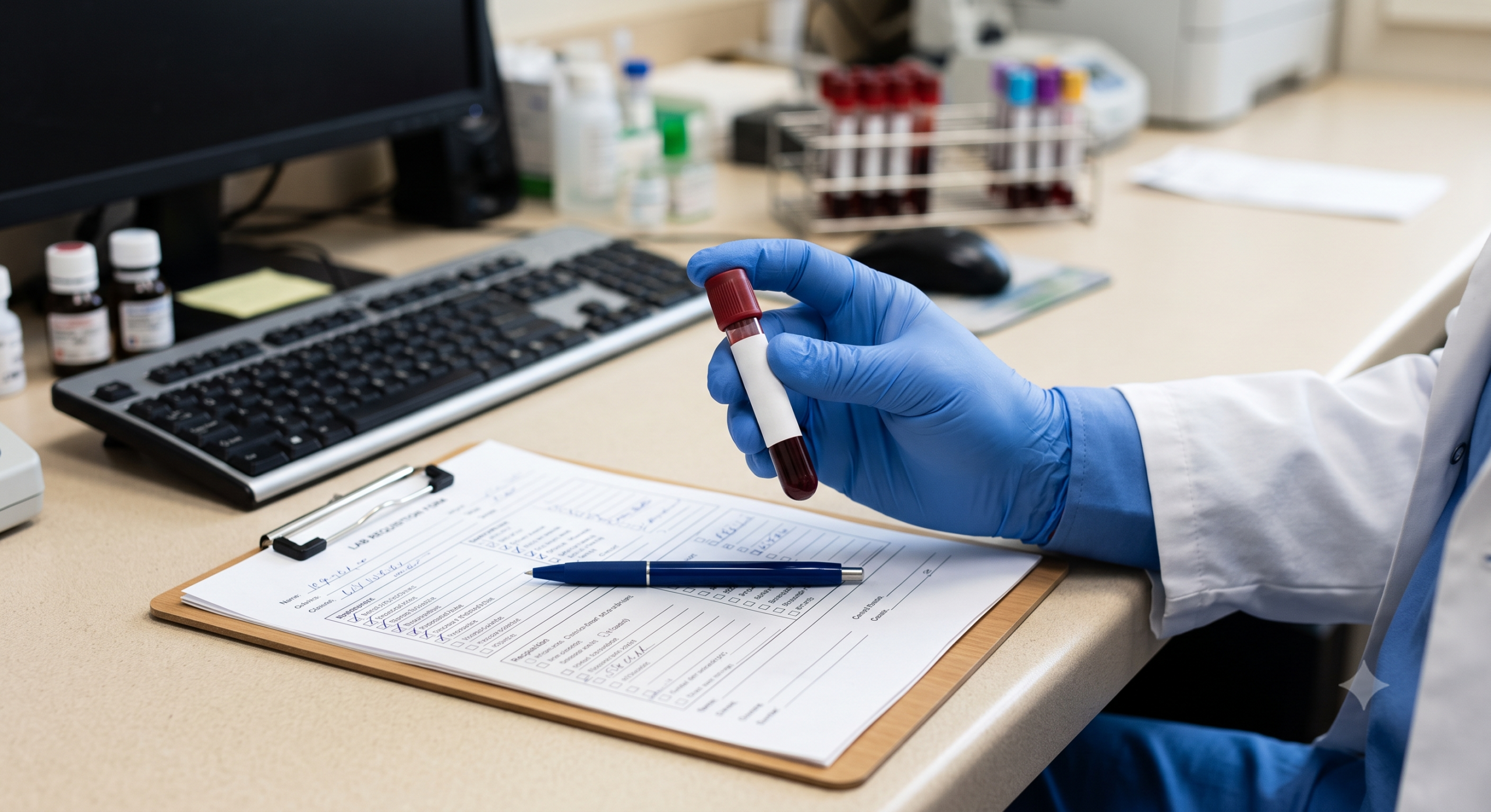 Doctor holding a blood sample vial next to a lab requisition form