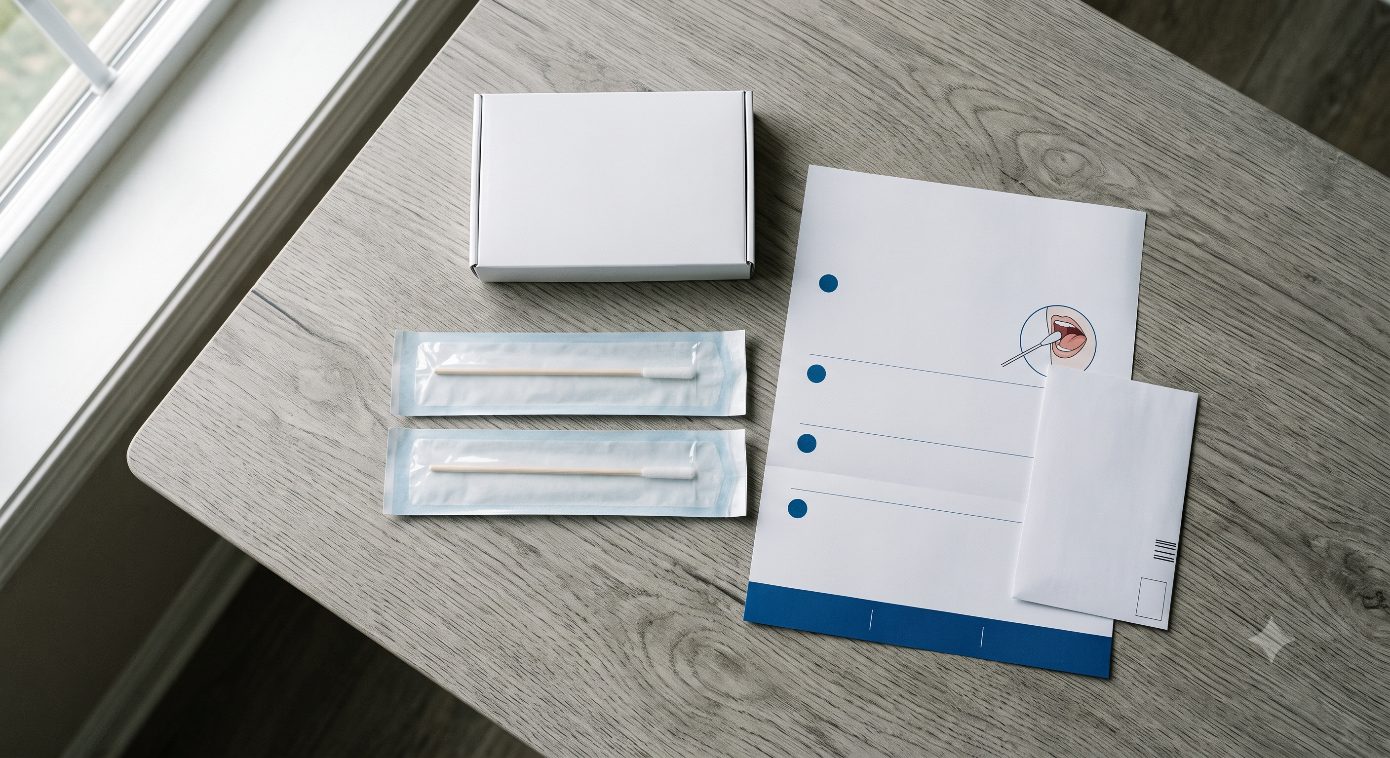 Unbranded DNA paternity test kit with cheek swabs and instructions