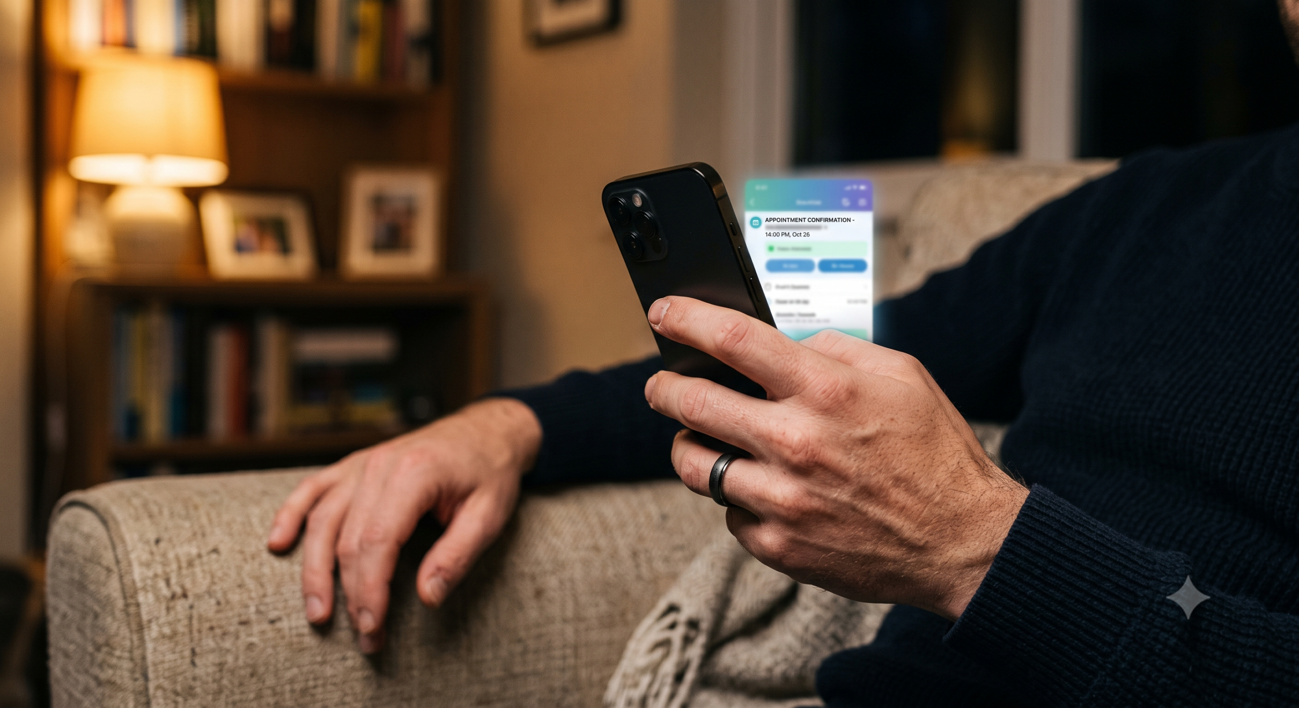 Man checking a telehealth appointment app on his smartphone at home