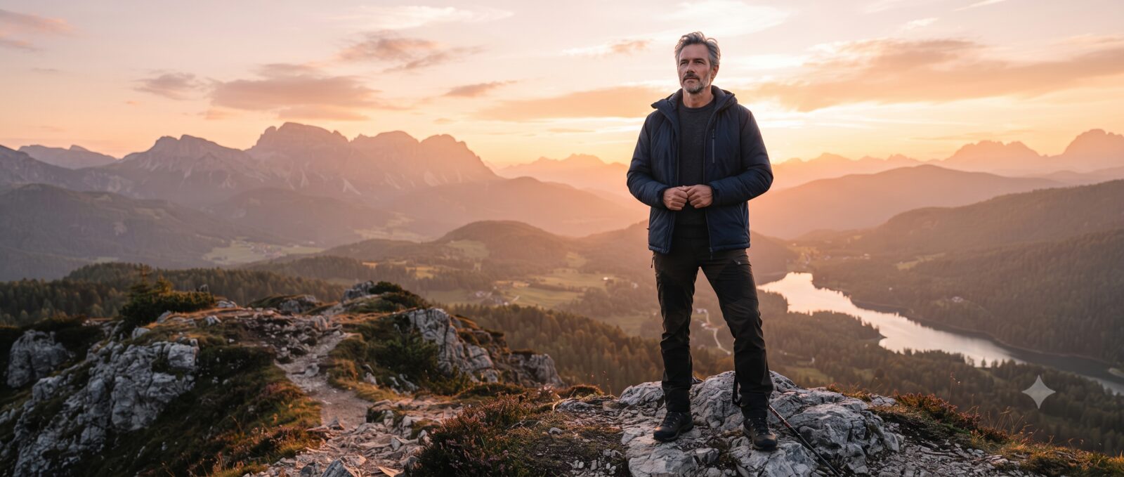 A man in his 40s standing confidently outdoors at sunrise, looking forward with calm determination