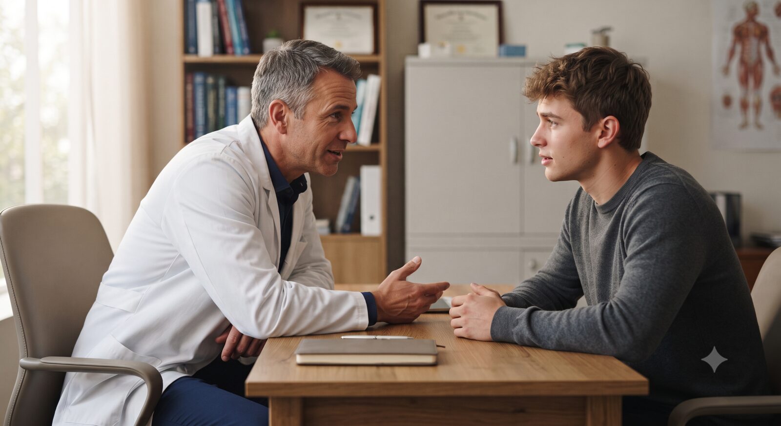 A physician talking directly with a younger male patient in a consultation room