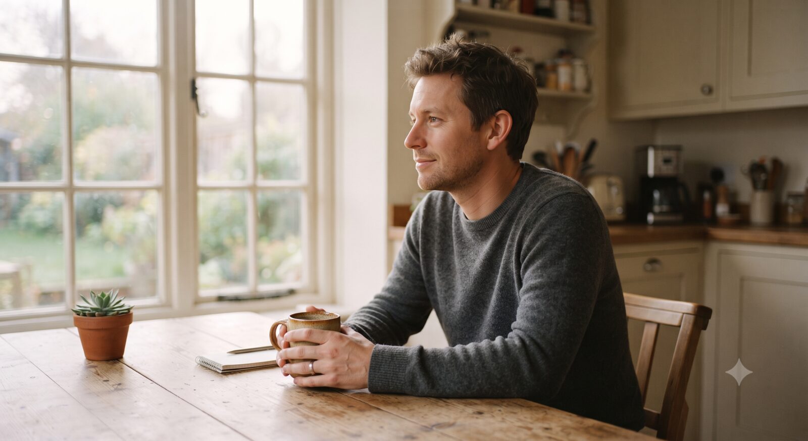A man sitting quietly at a kitchen table holding a cup of coffee, looking out a window