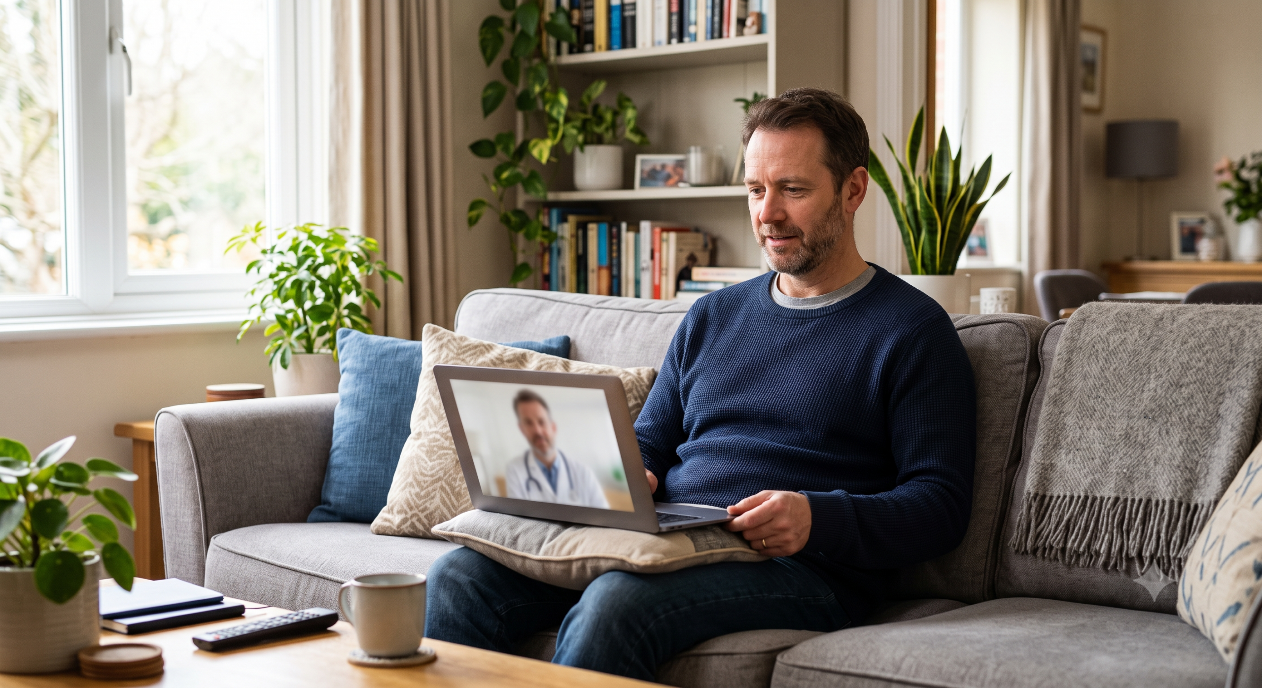 Man having a telehealth video consultation on a laptop at home