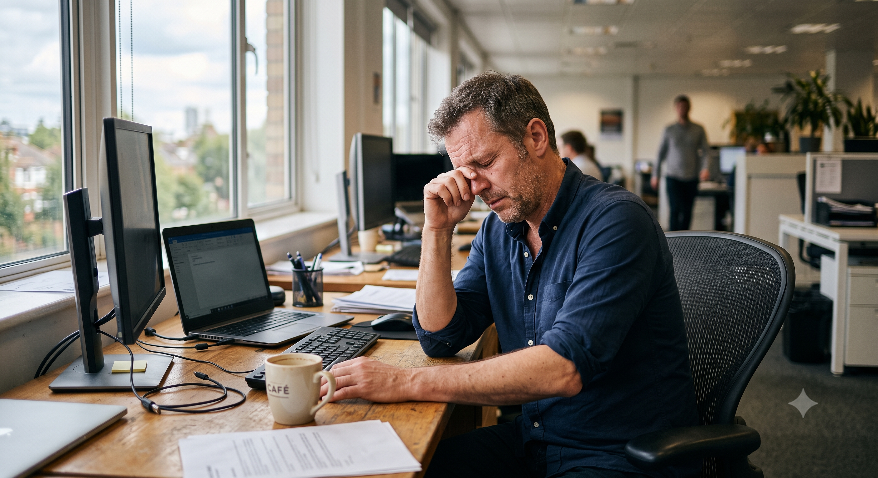 Tired man in his 40s rubbing his eyes at his office desk