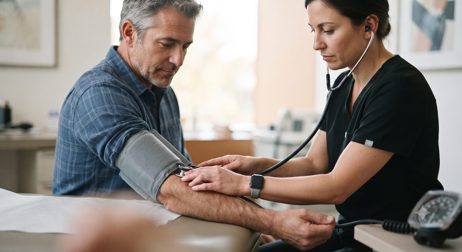 A middle-aged man having his blood pressure checked by a doctor in a calm clinical exam room