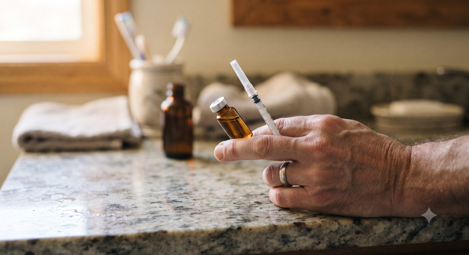 A man's hand holding a small medication vial and syringe on a bathroom counter
