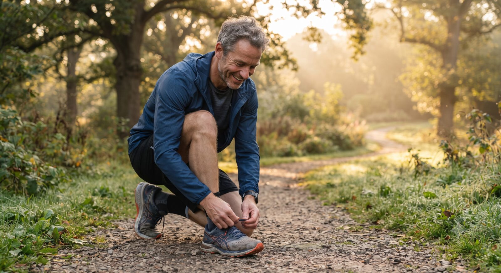 A man in his 40s looking energetic and content while tying his running shoes outdoors in the early morning