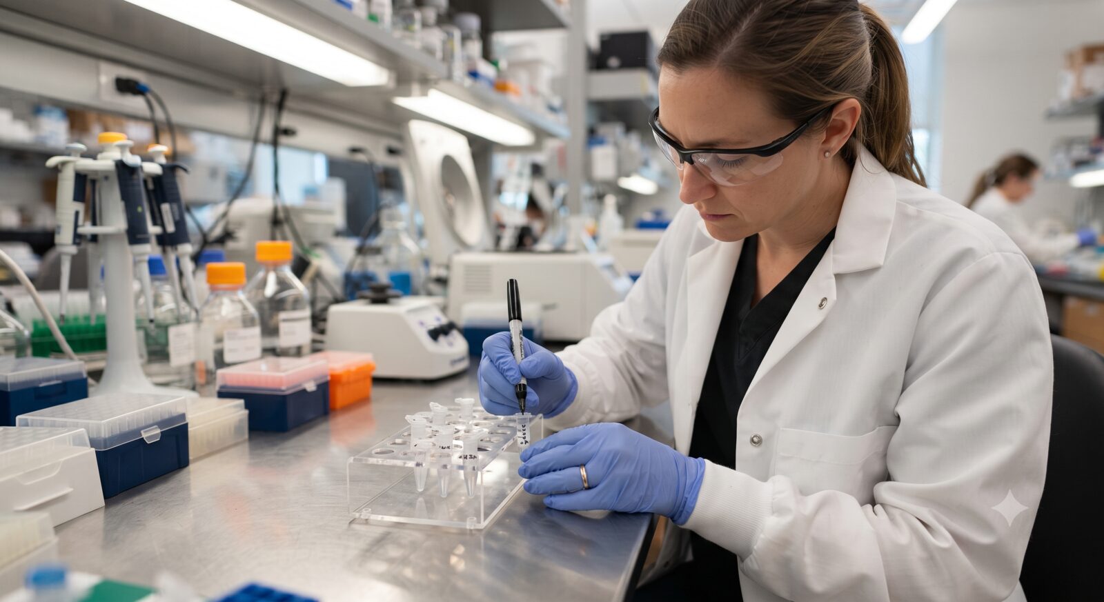 A lab technician in gloves carefully labeling a small sample tube at a genetics laboratory bench